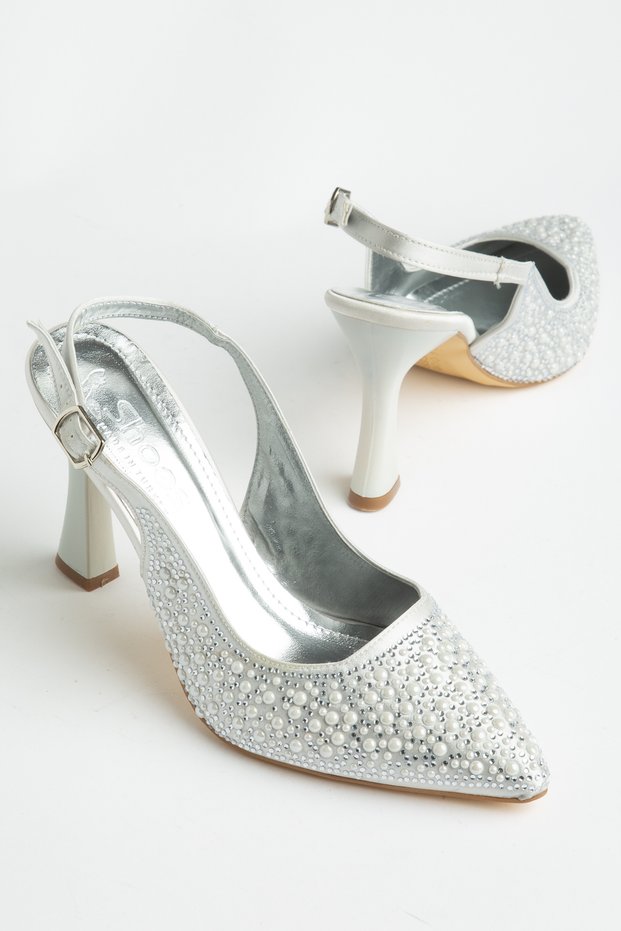 Women's Silver Open-Back Pearl Motif High Heel Stiletto