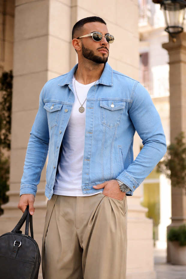 Men's Trend Casual Basic Pocket Slim Fit Blue Denim Jacket