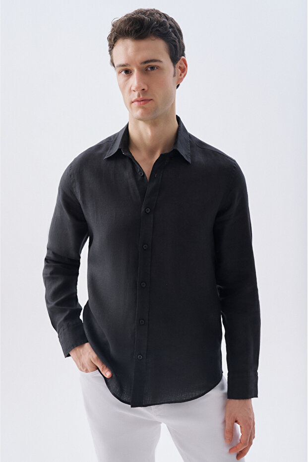 Men's Brown Slim Fit Long Sleeve Linen Shirt