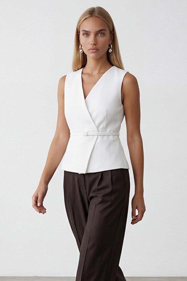 White Belted Wrap Vest with Lining Inside Alc-X15468
