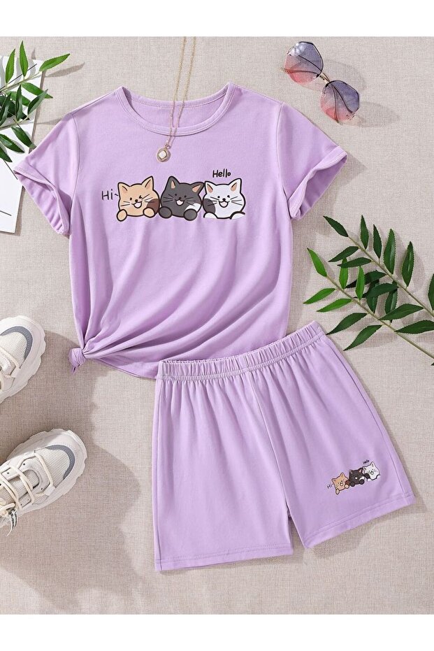 Summer Hi Hello Cat Printed Lilac Color Shorts Girls' Set
