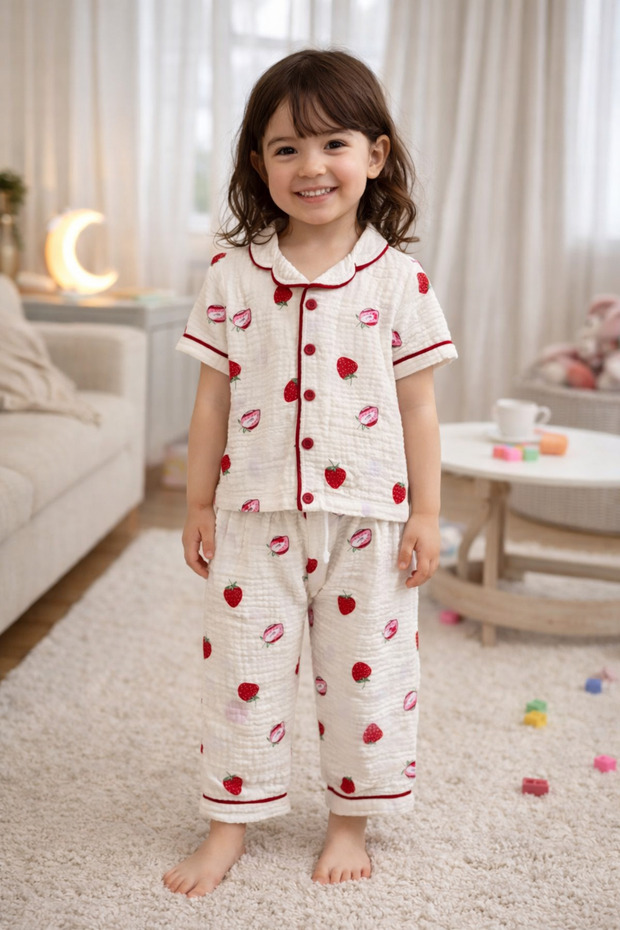 100% Cotton Girls' Muslin Fabric Pajama Set Summer