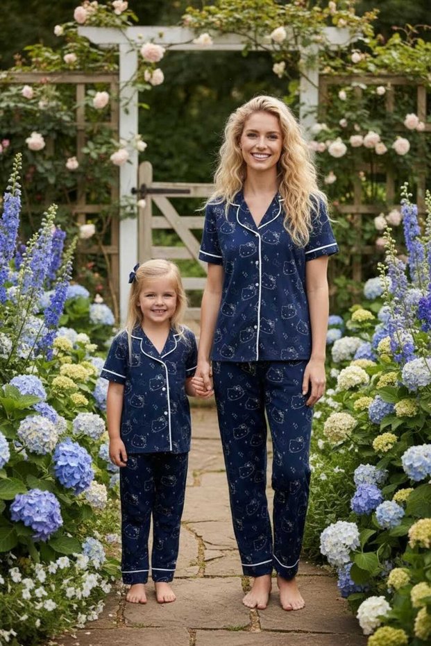 Hello Kitty Licensed Mother & Daughter Combination Pajama Set Silvery Navy Blue Shirt Buttoned Combed Cotton (Sold Separately)