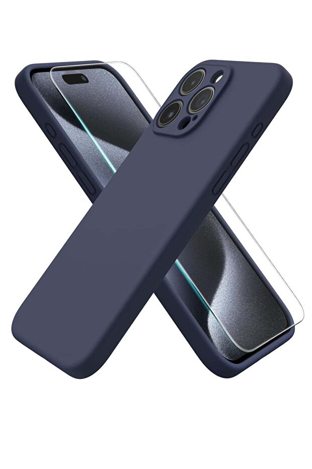 iPhone 15 Pro Max Case (6.7") – Midnight Blue Liquid Silicone with Screen Protector, Shockproo