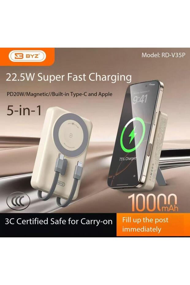 RD-V35P 10000mAh Magnetic Power Bank 22.5W Fast Charging – Built-in Cable & Stand