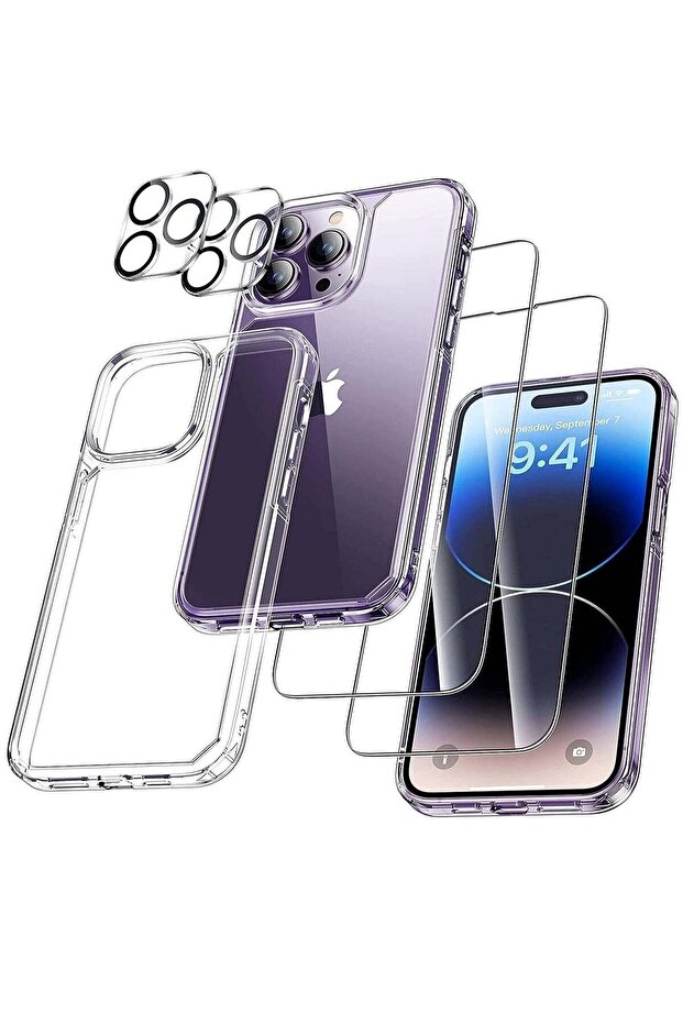 6 in1 iPhone 14 Pro Max Case with 2 Set Lens Protector + 2 Pcs 9H Tempered Glass Screen Protector No