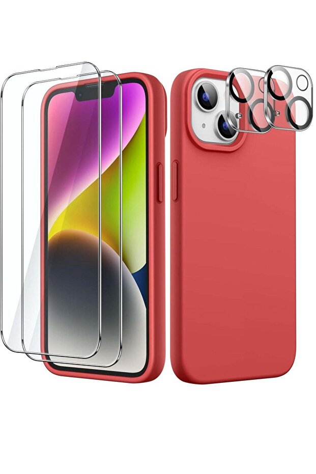 "5-in-1 iPhone 14 (6.1-Inch) Red Silicone Case - With 2 Screen Protectors & 2 Camera Lens Protectors