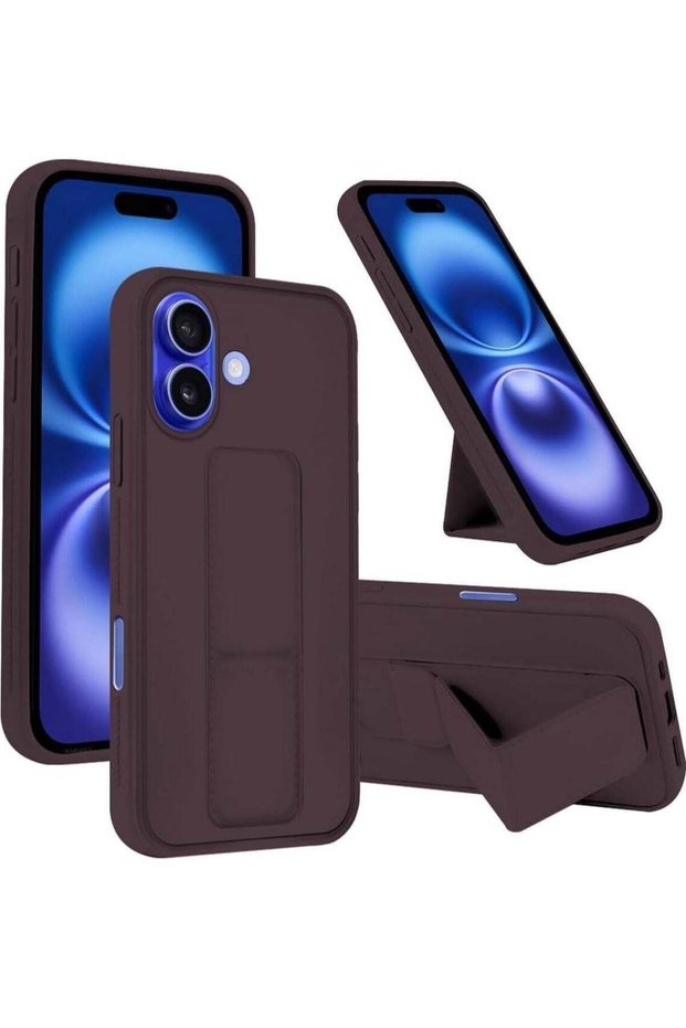 iPhone 16 Magnetic Car Mount Case – Maroon Silicone Kickstand with Hand Strap & Multi-Stand Function