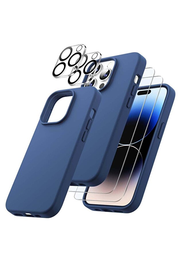 iPhone 14 Pro Max 5-in-1 Case – Blue Liquid Silicone with 2 Screen Protectors, 2 Camera Lens Protect