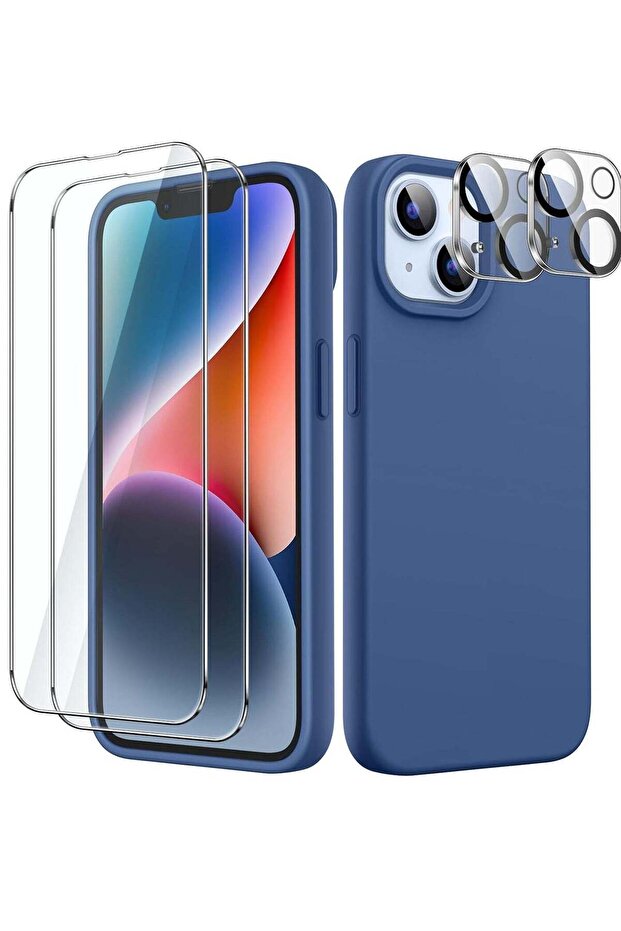 "5-in-1 iPhone 14 (6.1-Inch) Cobalt Blue Silicone Case - With 2 Screen Protectors & 2 Camera Lens Pr