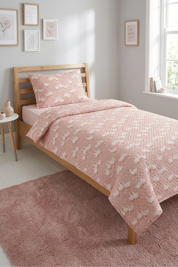 Duck Patterned Powder Baby Pique Set - Cute Farm Nordic Salmon Ecru Decorative Bedspread