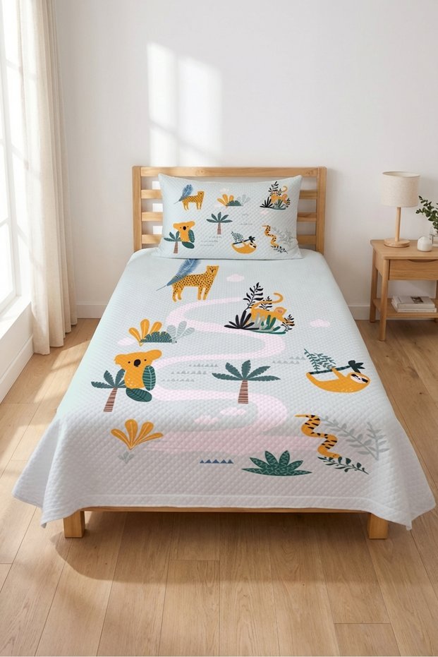 Safari Animal Patterned Children's Teenager's Pique Set - Nordic Forest Mint Mustard Decorative Bedspread