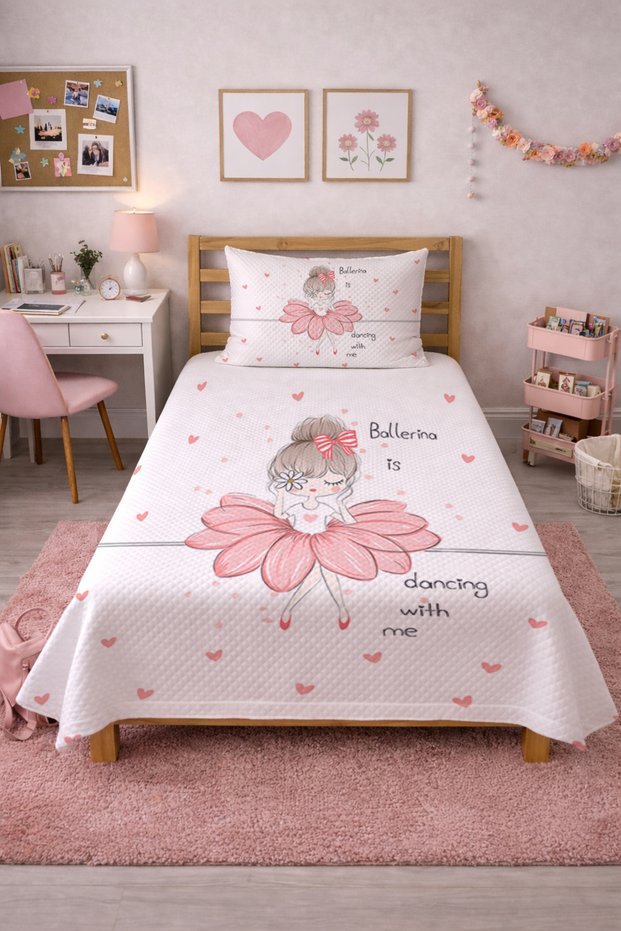 Ballerina Heart Floral Baby Pique Set-Romantic Girl Modern Powder White Quilted Bedspread
