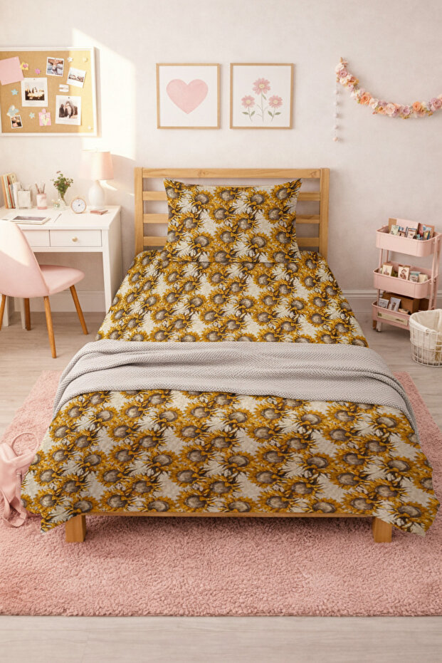 Sunflower Patterned Children's Single Pique Set - Bohemian Botanical Themed Mustard Decorative Bedspread