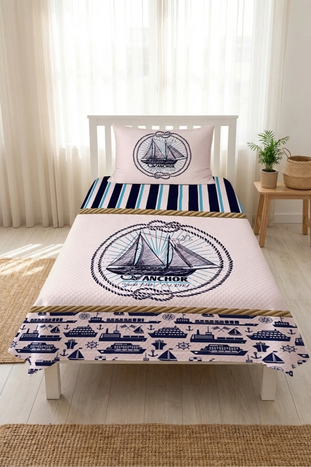 Gemi Çapa Marin Kids Baby Pique Set-Sea Nordic Blue Turquoise Decorative Bedspread