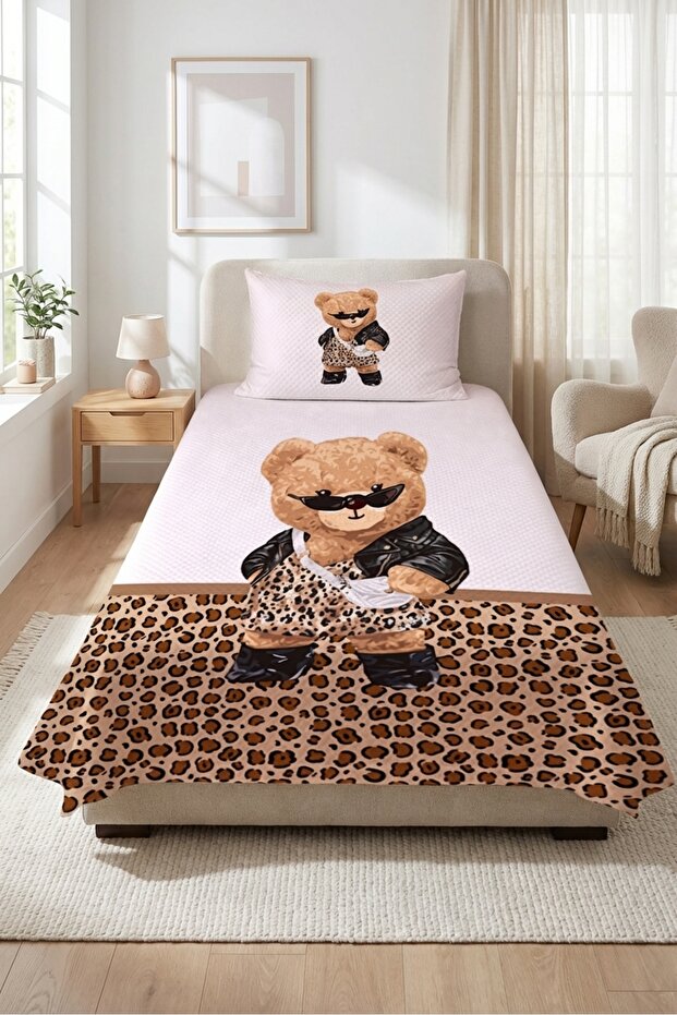 Baby Pique Set with Leopard Teddy Bear Figure - Stylish Safari Modern Powder Black Decorative Bedspread