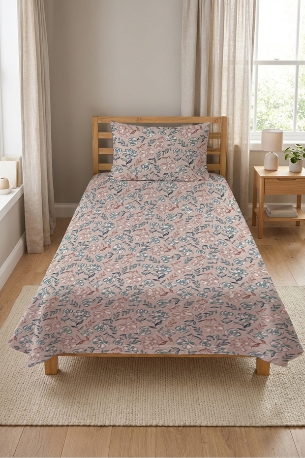 Floral Patterned Pastel Children's Pique Set - Natural Botanical Nordic Powder Mint Quilted Bedspread