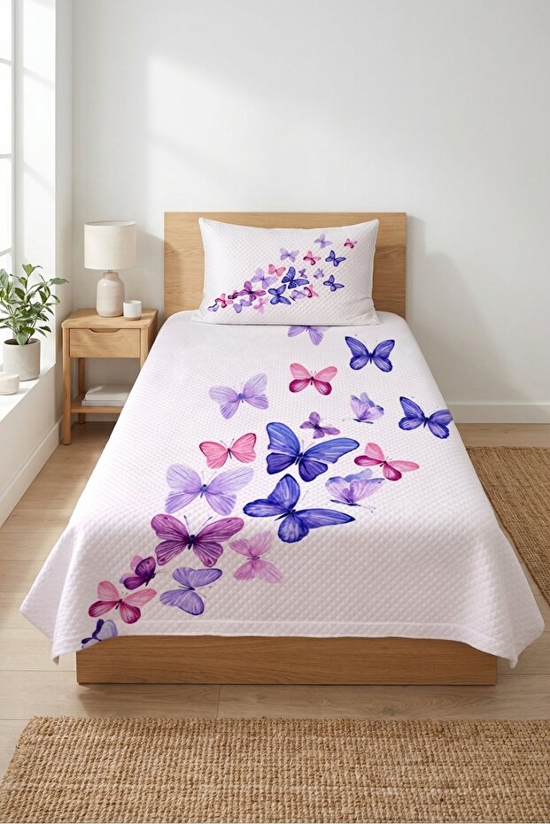Butterfly Patterned Colorful Children's Pique Set - Fairy Tale Themed Nordic Lilac Pink Quilted Bedspread