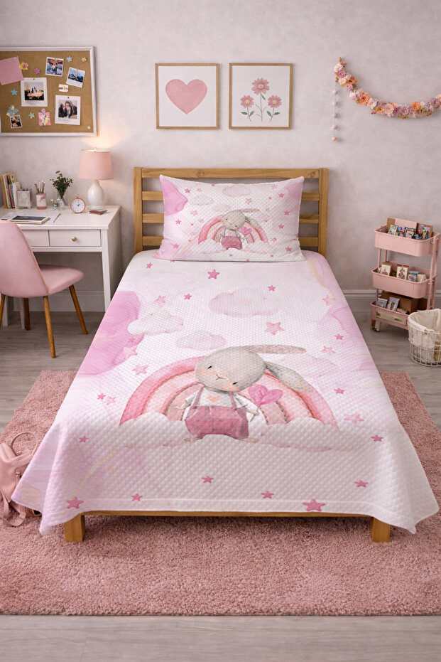 Rabbit Rainbow Cloud Pattern Single Pique Set - Fairy Tale Nordic Powder Ecru Quilted Bedspread
