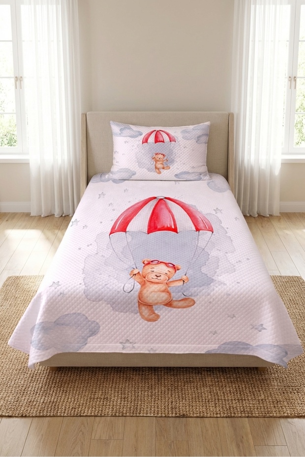 Cute Teddy Bear Parachute Cloudy Children's Pique Set-Adventure Nordic Red Decorative Bedspread