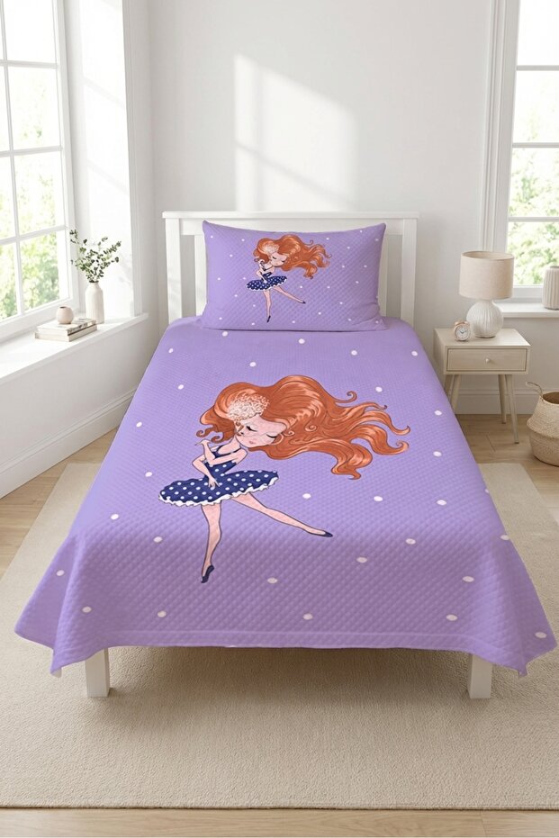 Ballerina Polka Dot Lilac Single Pique Set-Fairy Tale Dancer Modern Young Room Quilted Bedspread