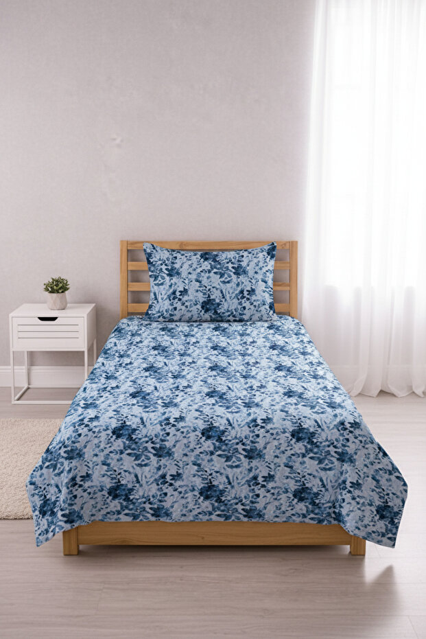 Floral Botanical Blue Single Pique Set-Romantic Garden Nordic Navy Blue Ice Bedspread