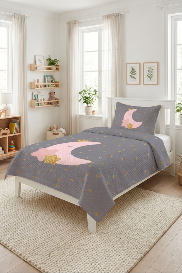 Moon Star Crowned Fairy Tale Gray Youth Pique Set-Dream Galaxy Modern Powder Gold Quilted Bedspread