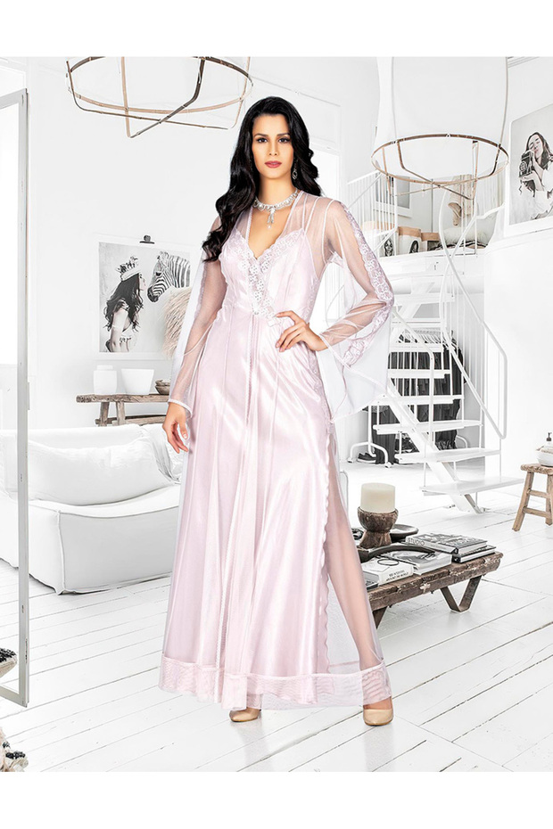 Satin Long Nightgown and Tulle Dressing Gown with Lace Detail 2 Piece 4942