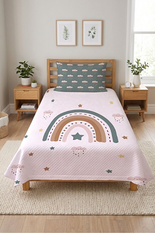 Rainbow Cloud Star Patterned Teenager's Pique Set - Fairytale Nordic Mint Powder Quilted Bedspread