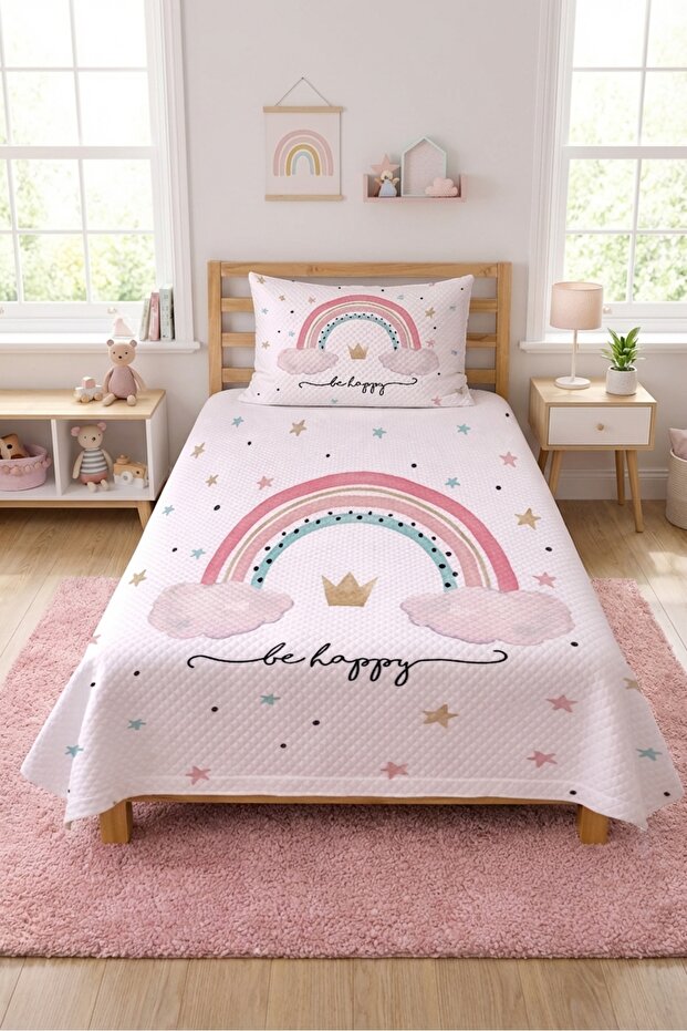 Rainbow Star Cloud Crowned Children's Pique Set - Fairytale Nordic Powder Mint Decorative Bedspread