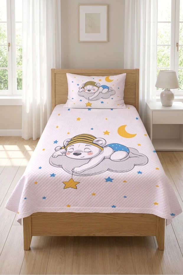 Starry Children's Pique Set with Sleeping Bear - Dream Themed Nordic Yellow Blue Quilted Bedspread