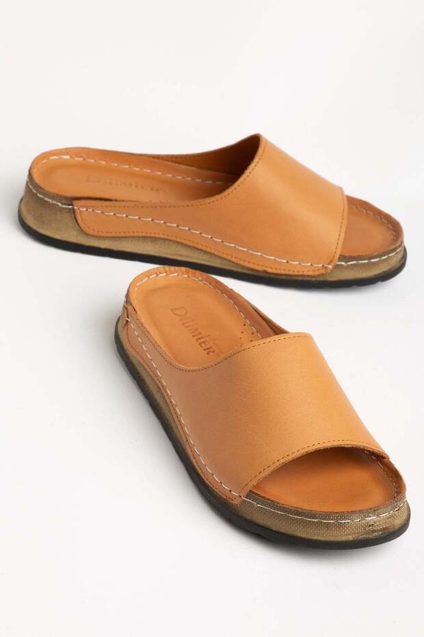 Genuine Leather Orthopedic Women's Slippers Tan Thick Single-Strap Sole Covering