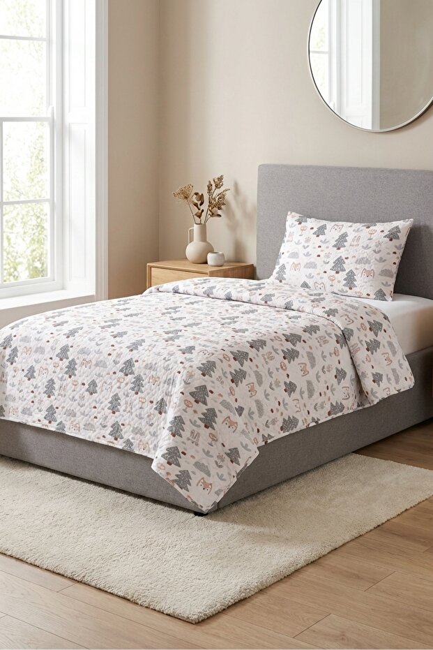 Forest Animals Tree Patterned Children's Pique Set - Fairy Tale Themed Nordic Gray Decorative Bedspread