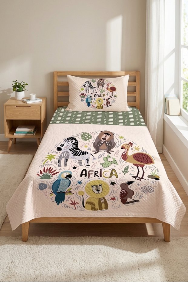 African Themed Kids Single Pique Set with Safari Animals - Exotic Adventure Bohemian Green Bedspread