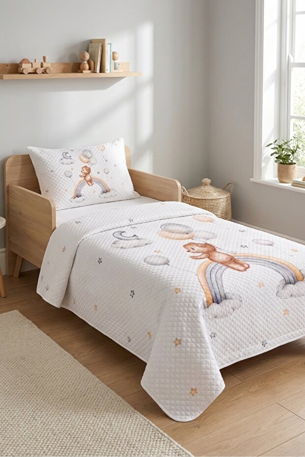 Rainbow Teddy Bear Cloud Star Patterned Children's Pique Set-Fairy Tale Nordic Gray Mustard Bedspread