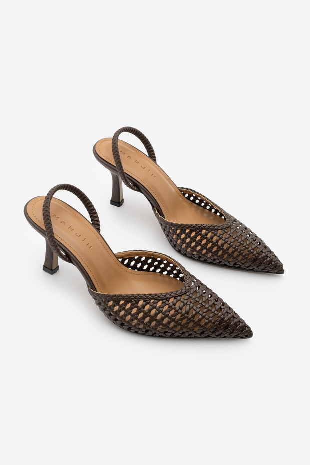 Women's Stiletto Pointed Toe Hand Knitted Classic Heeled Shoes with Elastic Back Arfes Brown
