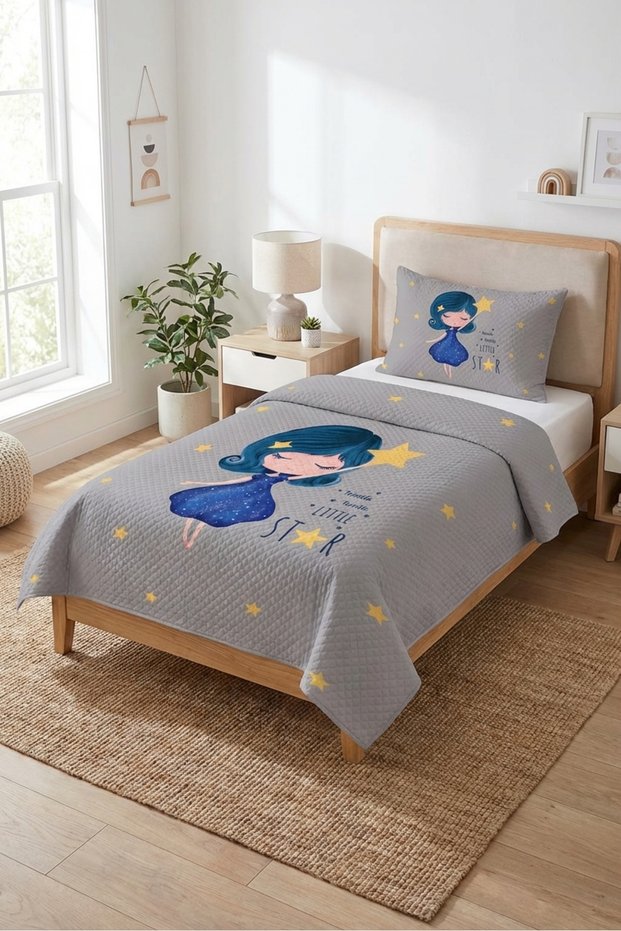 Starry Fairy Tale Girl's Pique Set - Heavenly Fairy Nordic Gray Yellow Decorative Bedspread