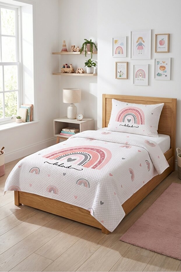 Rainbow Heart Patterned Children's Pique Set - Cheerful Fairytale Nordic Powder Gray Quilted Bedspread