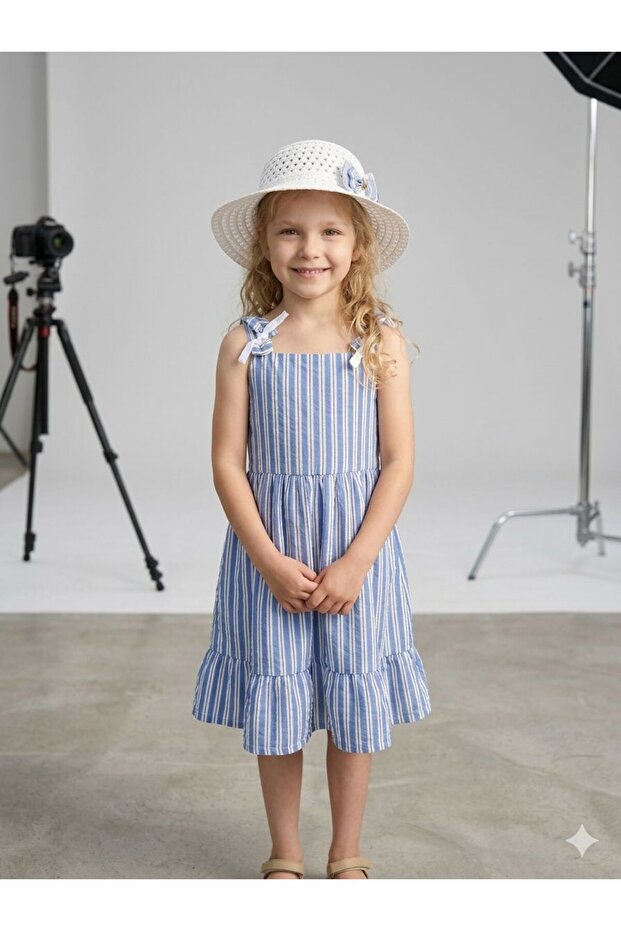 Girl's Striped Ruffled Summer Dress with Hat Combination