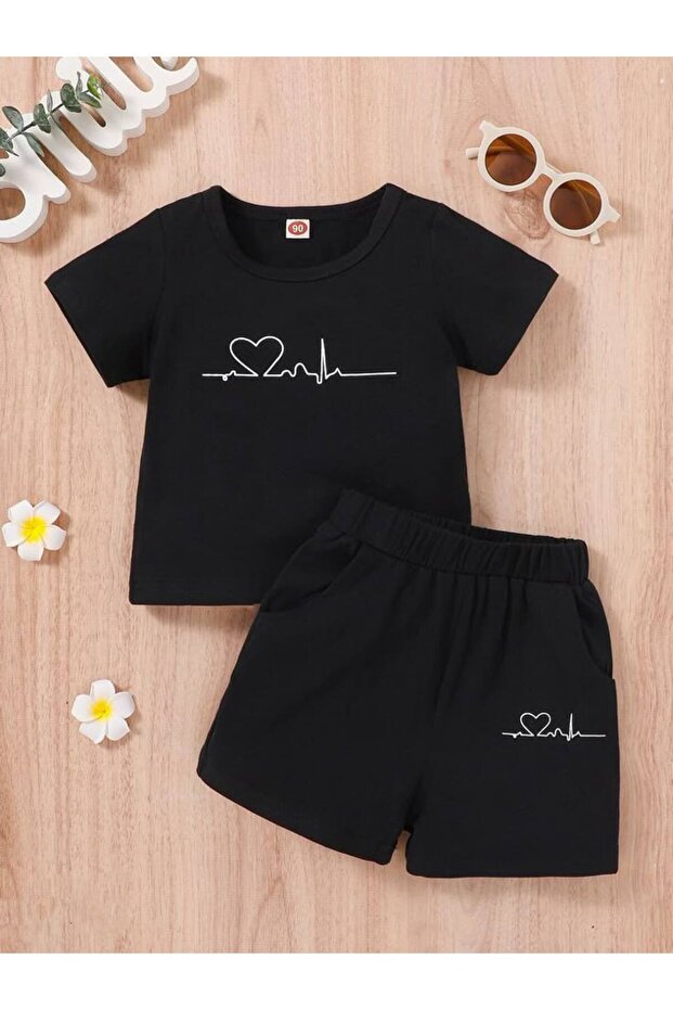 Summer Heartbeat Printed Girls' Shorts Set Black