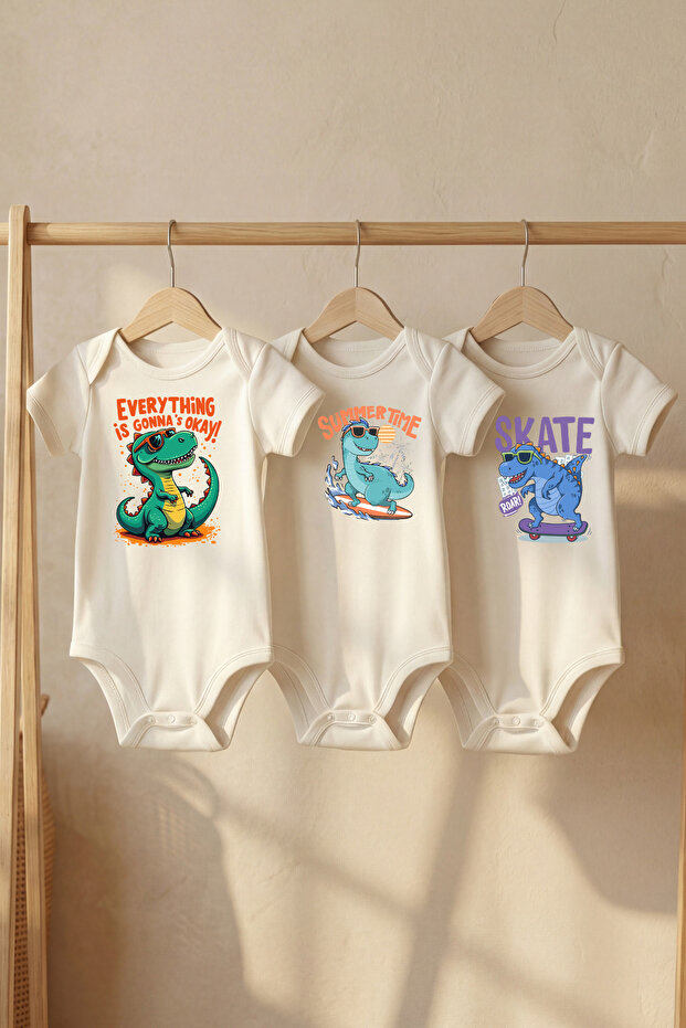 Organic 100% Cotton 3-Piece Adventurous Dinosaurs Printed Short Sleeve Snap Fastener Baby Bodysuit