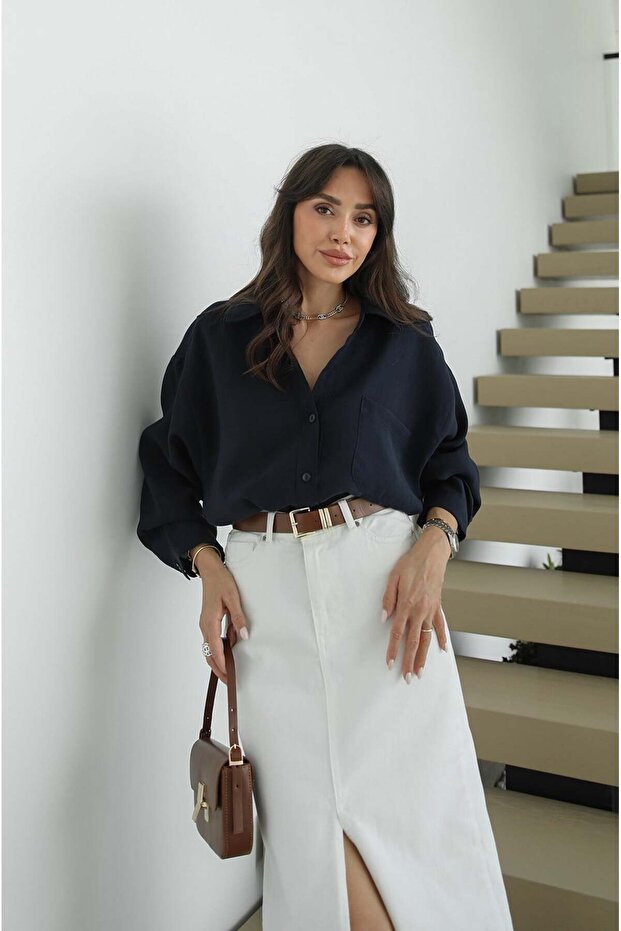 Navy Blue Off-Shoulder Oversize Shirt