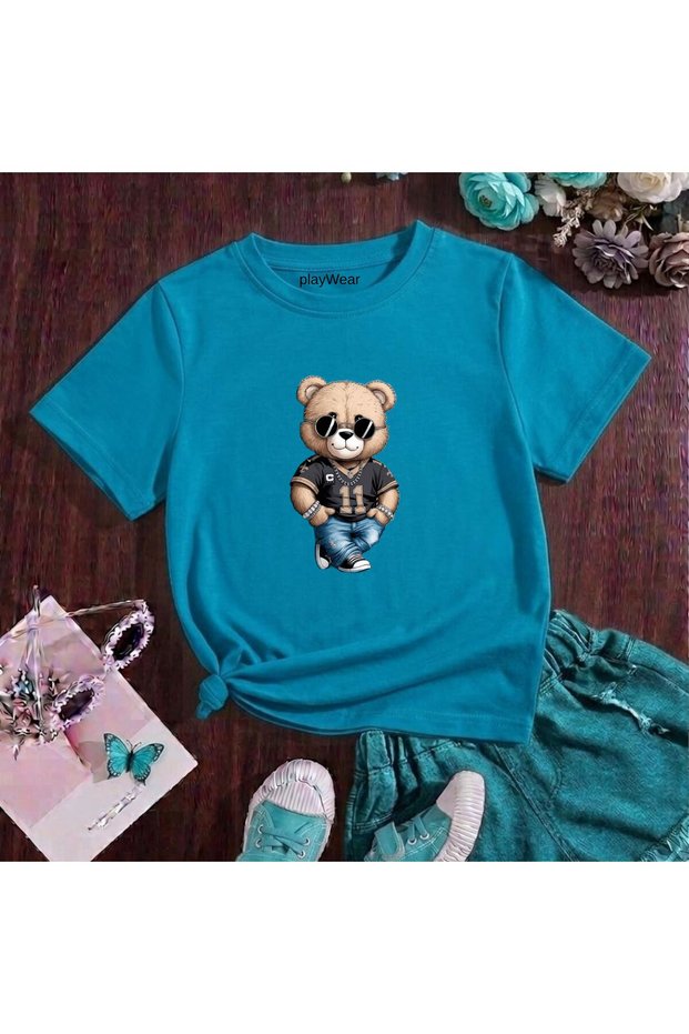 Black Glasses Bear Printed 100% Cotton Crew Neck Kids Unisex T-Shirt 5 6 -7 8-9 10 -11 12 Years Old