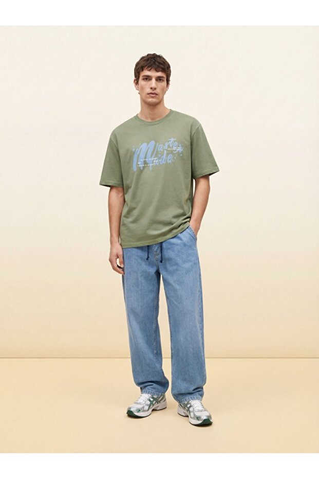 Crew Neck Green T-Shirt with Print Detail