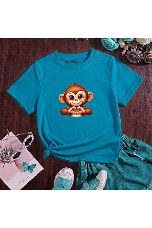 Heart Making Monkey Printed 100% Cotton Crew Neck Kids Unisex T-Shirt 5 6 -7 8-9 10 -11 12 Years Old