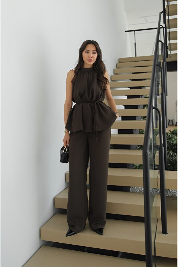 Brown Pelas Tie-Detail Blouse and Trousers Set