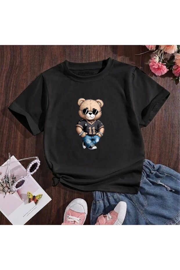 Black Glasses Bear Printed 100% Cotton Crew Neck Kids Unisex T-Shirt 5 6 -7 8-9 10 -11 12 Years Old