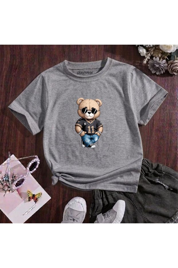 Black Glasses Bear Printed 100% Cotton Crew Neck Kids Unisex T-Shirt 5 6 -7 8-9 10 -11 12 Years Old