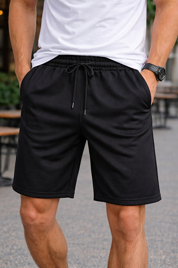 Men's Black Shorts – Comfortable Cut with Pockets and Laces, Casual & Sports Shorts