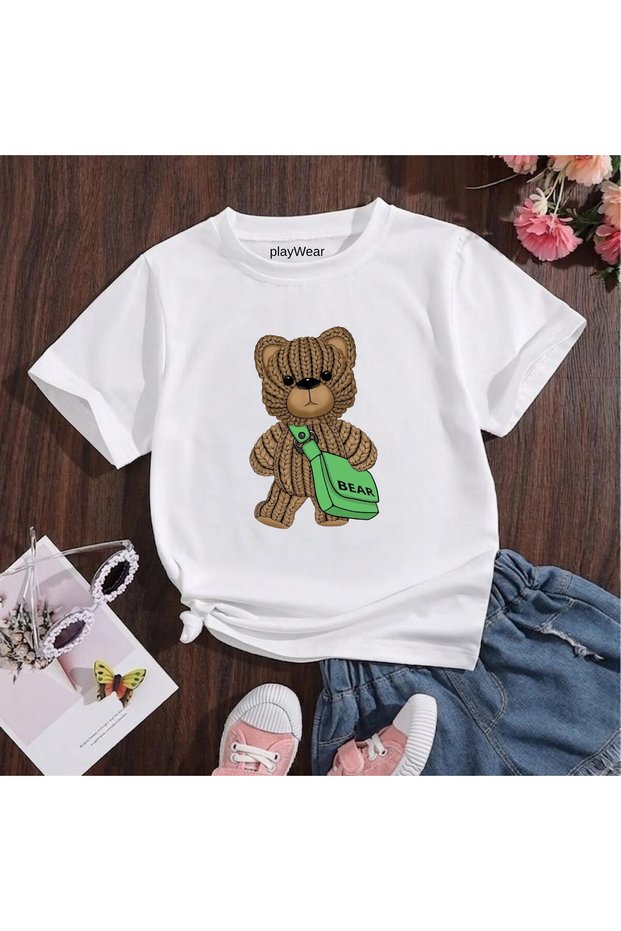 Brown Color Knitted Bear Printed 100% Kids Unisex T-Shirt 5 6 -7 8-9 10 -11 12 Years Old